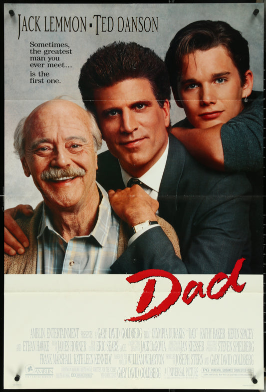 Original US one sheet movie poster for 'Dad' featuring photographs of the main actors Jack Lemmon, Ted Danson, and Ethan Hawke, with the title 'DAD' prominently displayed.