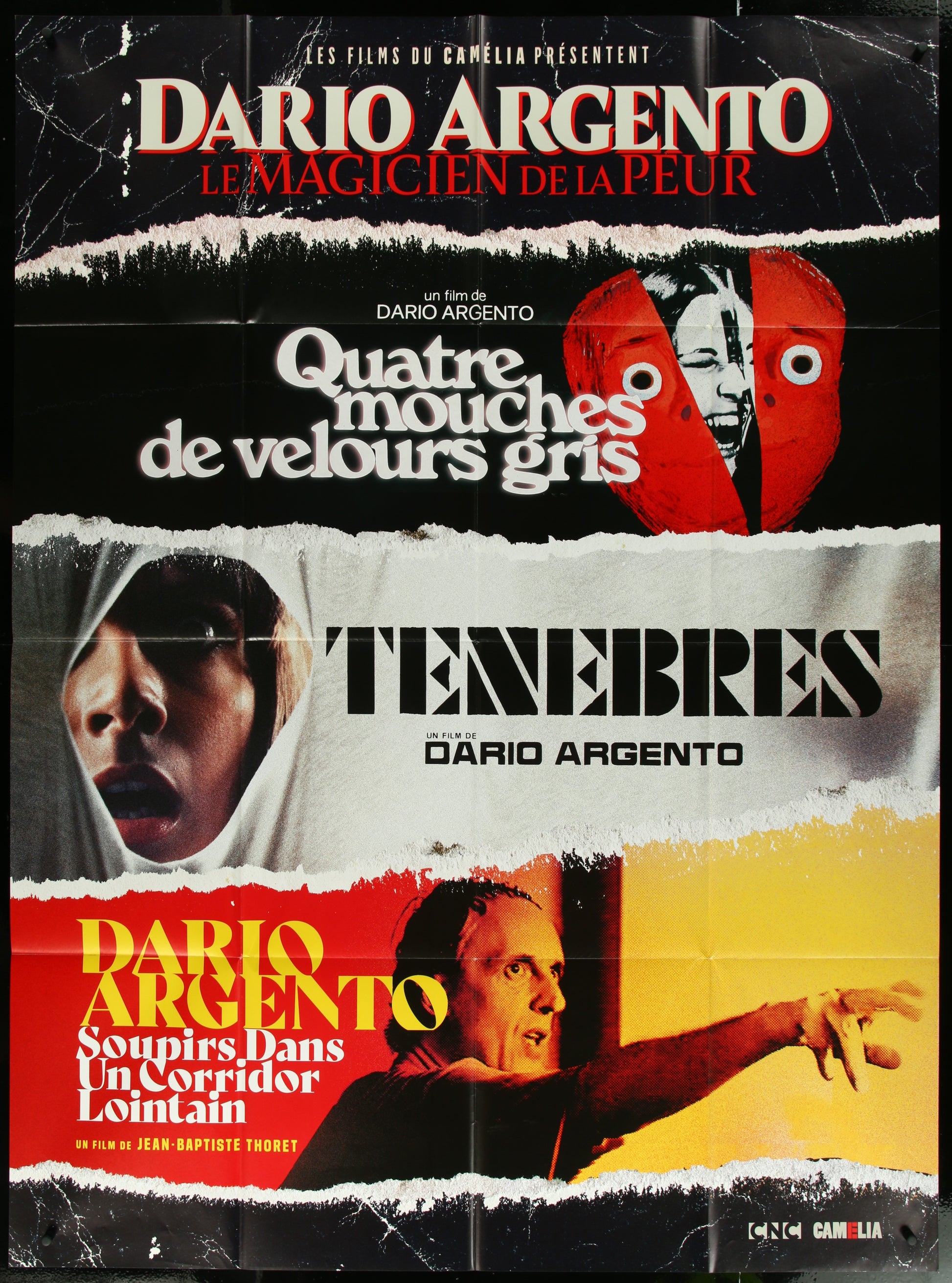 A worn original French one-panel movie poster for Dario Argento's film 'Le Magician De La Peur' featuring images and text related to the movie and its director.