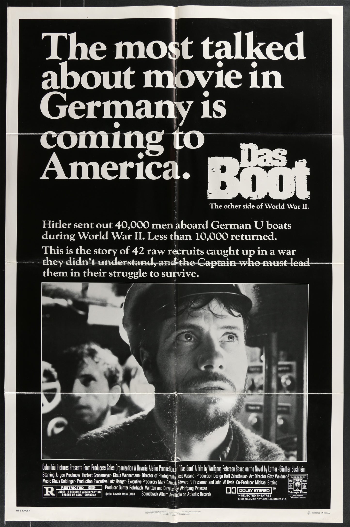 Advertisement for the movie 'Das Boot' with text and a black and white image of a man.