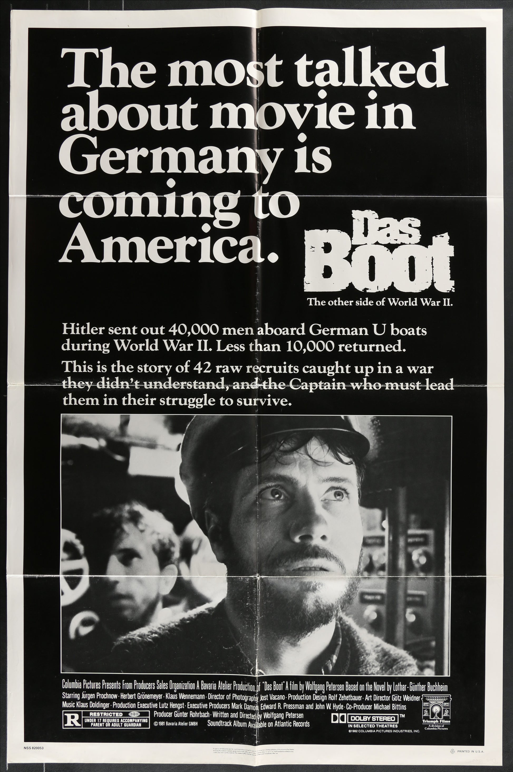 Advertisement for the movie 'Das Boot' with text and a black and white image of a man.