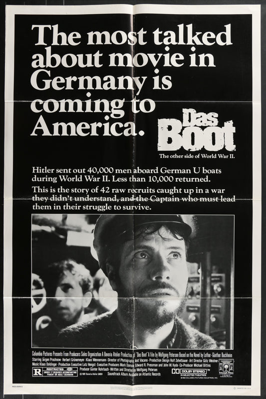 Advertisement for the movie 'Das Boot' with text and a black and white image of a man.