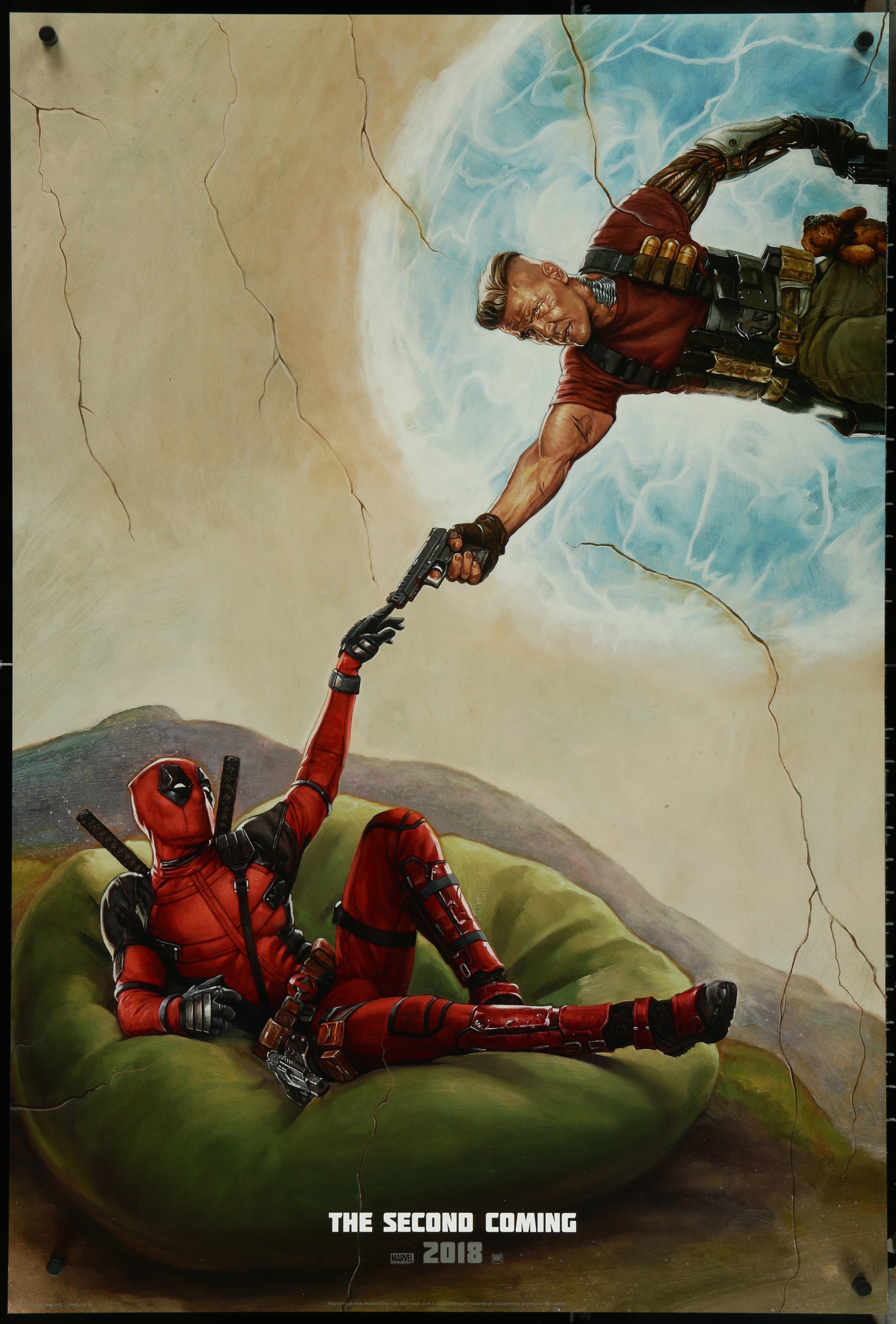 The image features the cover of the original US one sheet movie poster for "Deadpool 2 (2018)." The poster captures a dynamic and action-packed scene with Deadpool and another character in the foreground, against a split background that shows a serene blue sky and a dramatic, earthy texture in the background.
