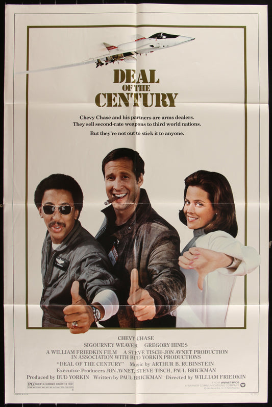 A vintage one-sheet movie poster for 'Deal Of The Century' featuring images of Chevy Chase, Sigourney Weaver, and Gregory Hines with a thumbs up gesture.