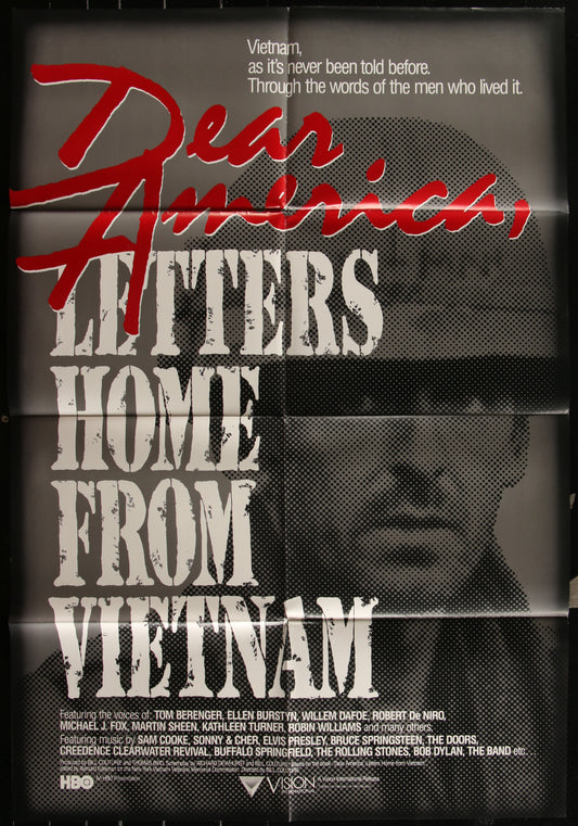 Original one-sheet movie poster for 'Dear America, Letters From Vietnam' with text overlay and monochrome image of a soldier.