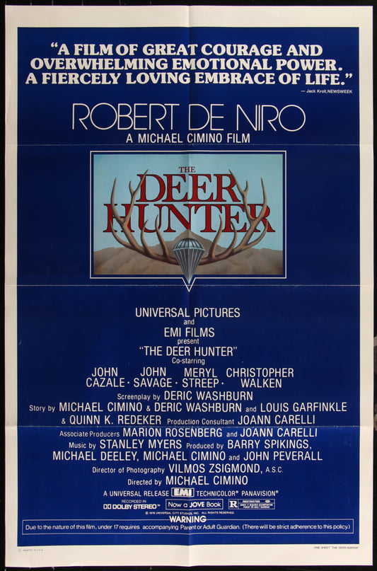 A vintage movie poster for 'The Deer Hunter' featuring a forest and deer imagery with the film's title prominently displayed. The poster has text indicating it's a Universal Pictures film, with a cast list including Robert De Niro, John Savage, Meryl Streep, and Christopher Walken.