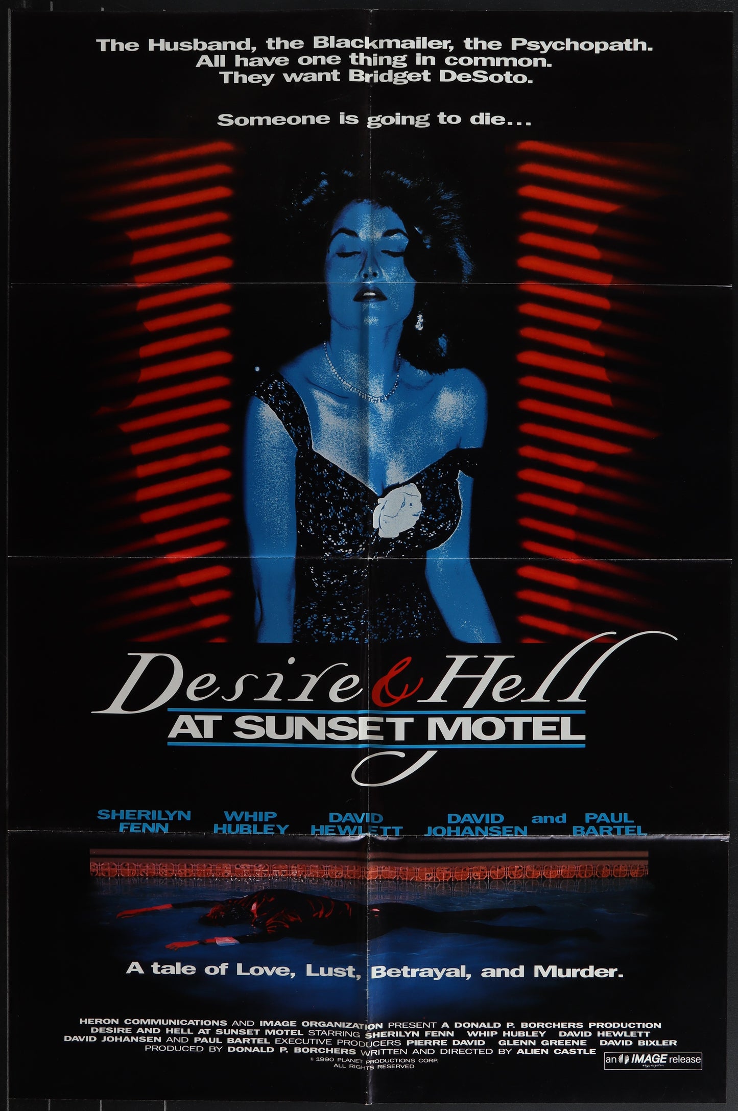 Vintage movie poster for 'Desire & Hell At The Sunset Motel' featuring an image of an actress with blue eyeshadow and a red and blue motif background. The movie's title is prominently displayed.