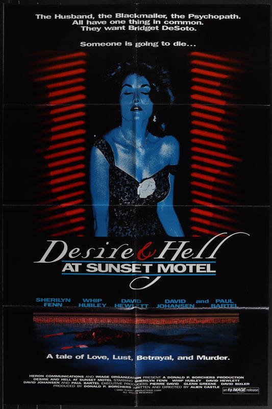 Vintage movie poster for 'Desire & Hell At The Sunset Motel' featuring an image of an actress with blue eyeshadow and a red and blue motif background. The movie's title is prominently displayed.