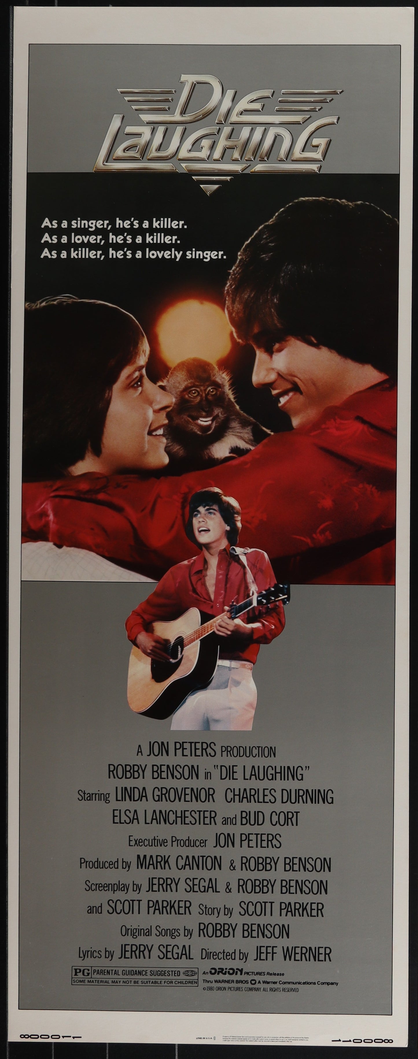 Original US movie poster for 'Die Laughing' featuring three main characters with a red background, indicating a romantic comedy genre.