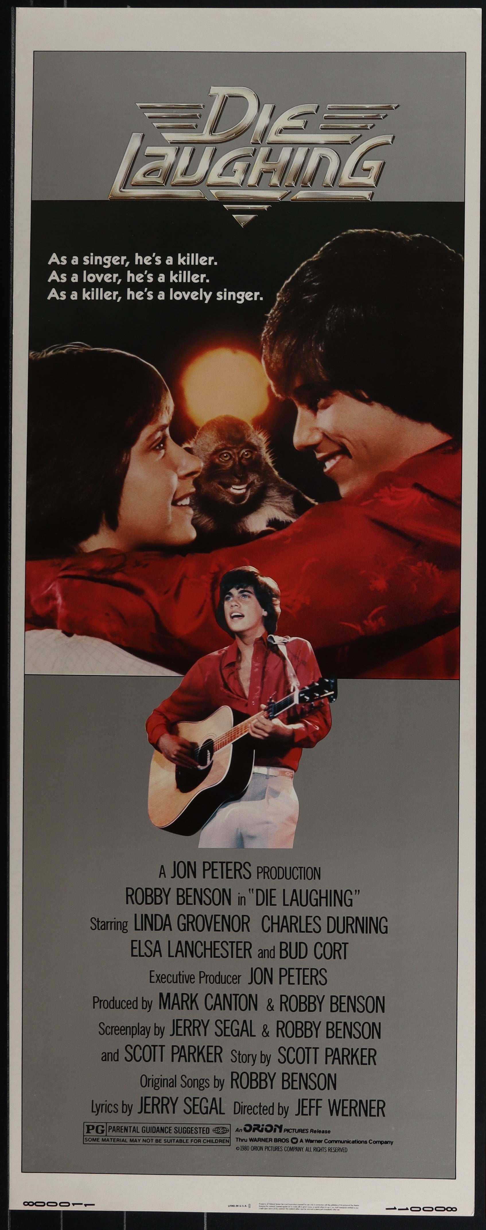 Original US movie poster for 'Die Laughing' featuring three main characters with a red background, indicating a romantic comedy genre.