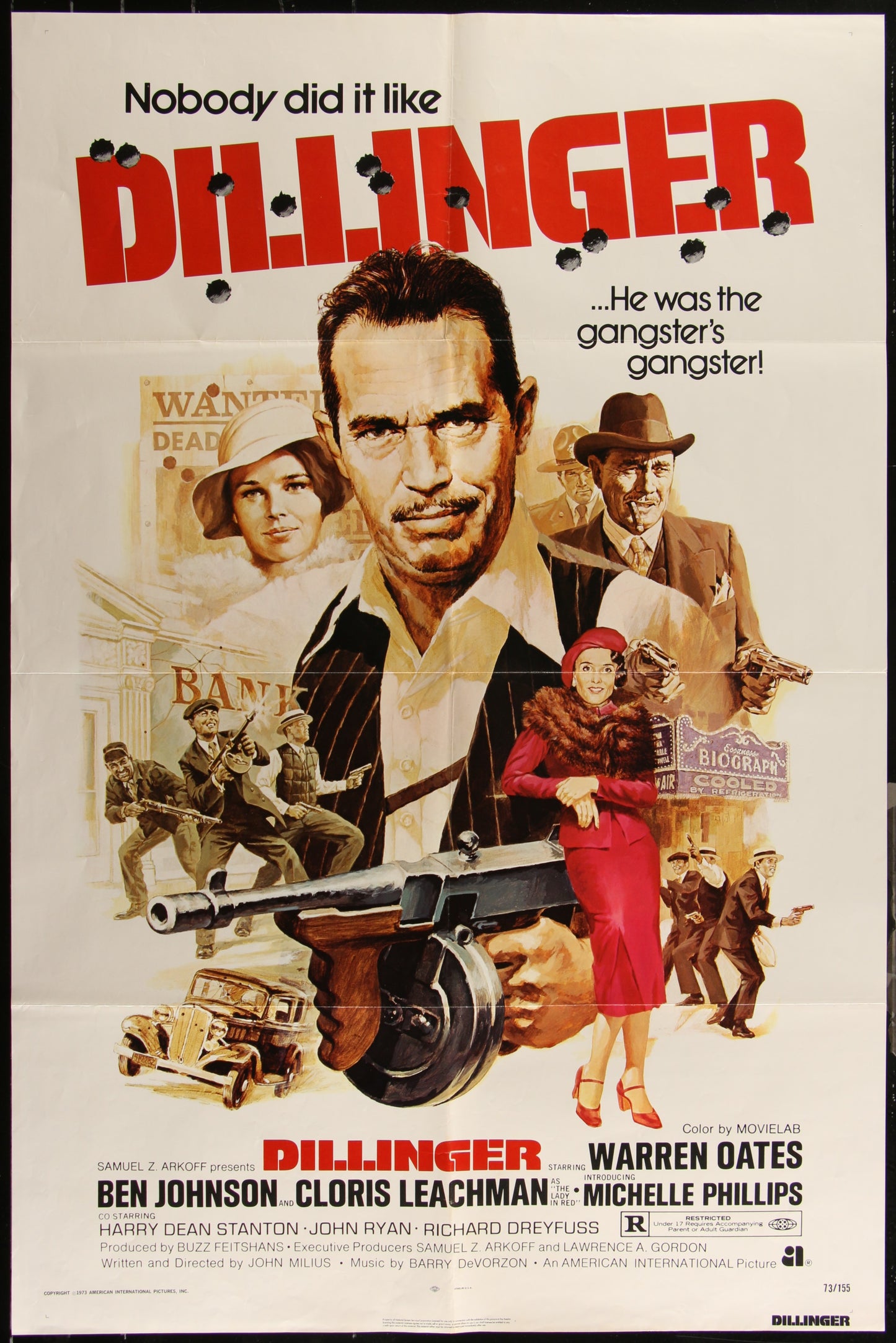 Original US one-sheet movie poster for 'Dillinger' (1973) featuring a collage of actors including Warren Oates and Cloris Leachman with a red text title overlay.