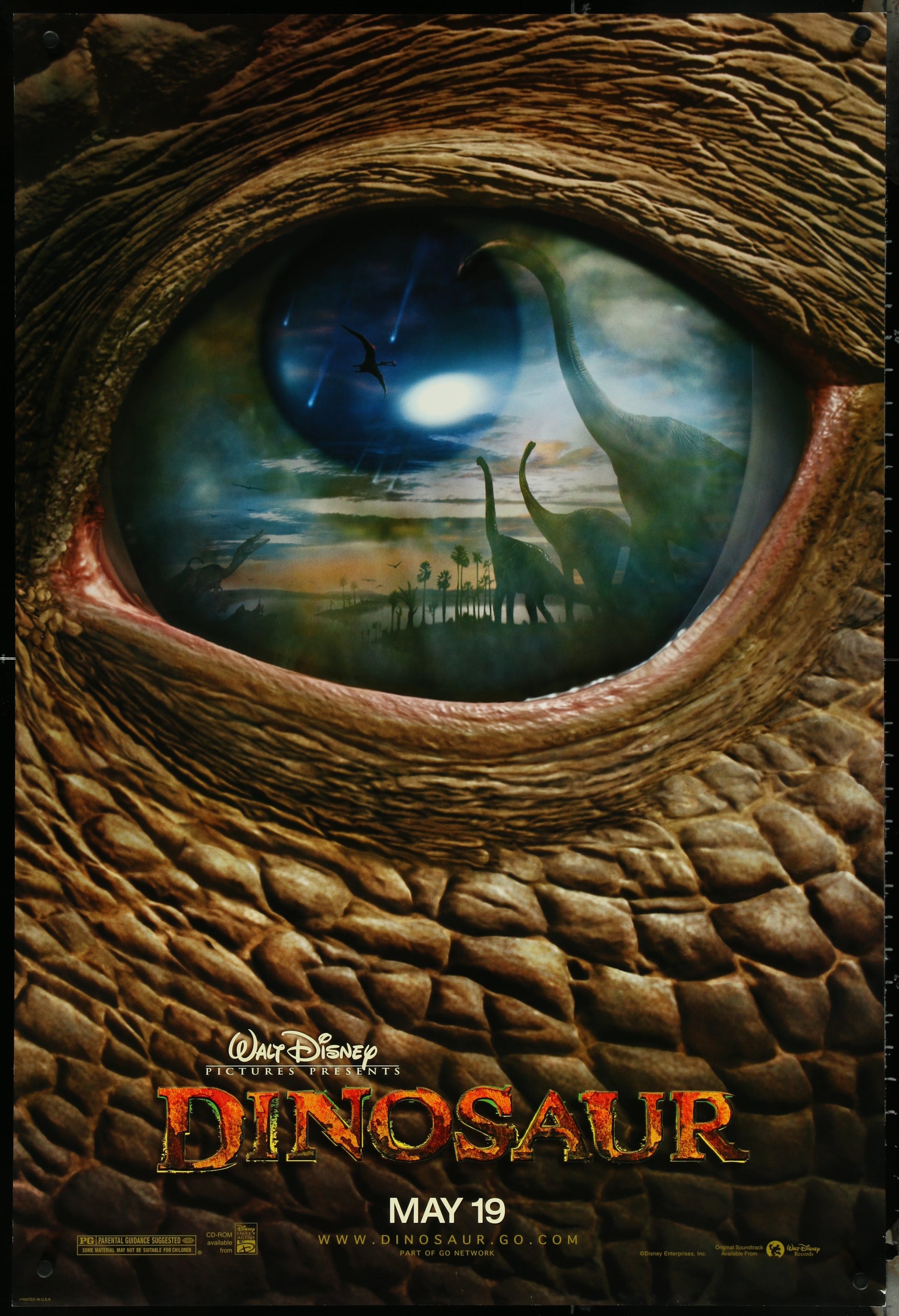 Unfolded double-sided teaser artwork for the 2000 movie 'Dinosaur' by Walt Disney, featuring a close-up of a dinosaur's eye with a reflection of the movie scene.