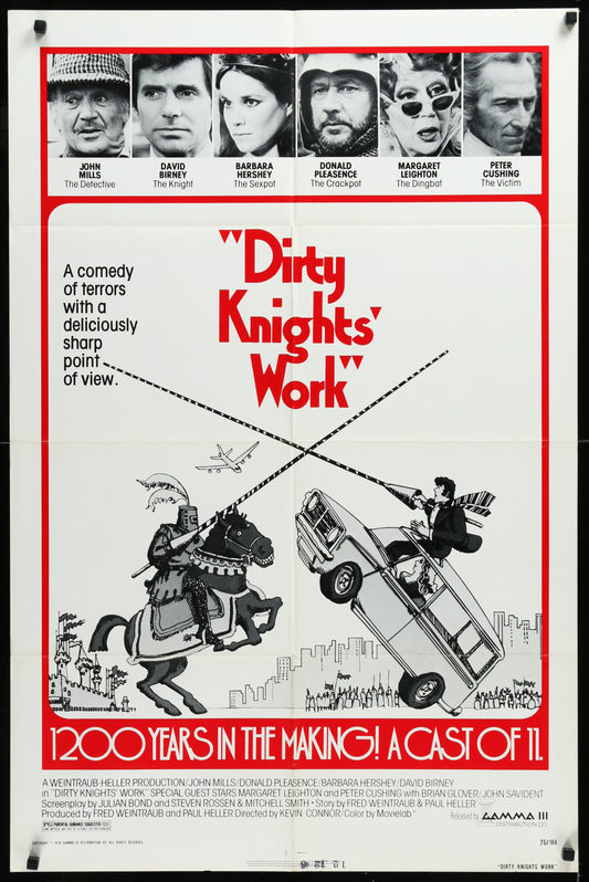 Vintage style movie poster for 'Dirty Knights' Work' featuring an illustration of a knight in armor riding a horse with a cityscape in the background, and a modern car in the foreground.