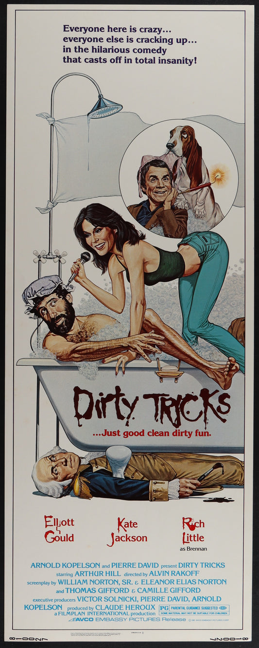Original US insert movie poster for 'Dirty Tricks' featuring Elliott Gould and Kate Jackson in a crime comedy film.