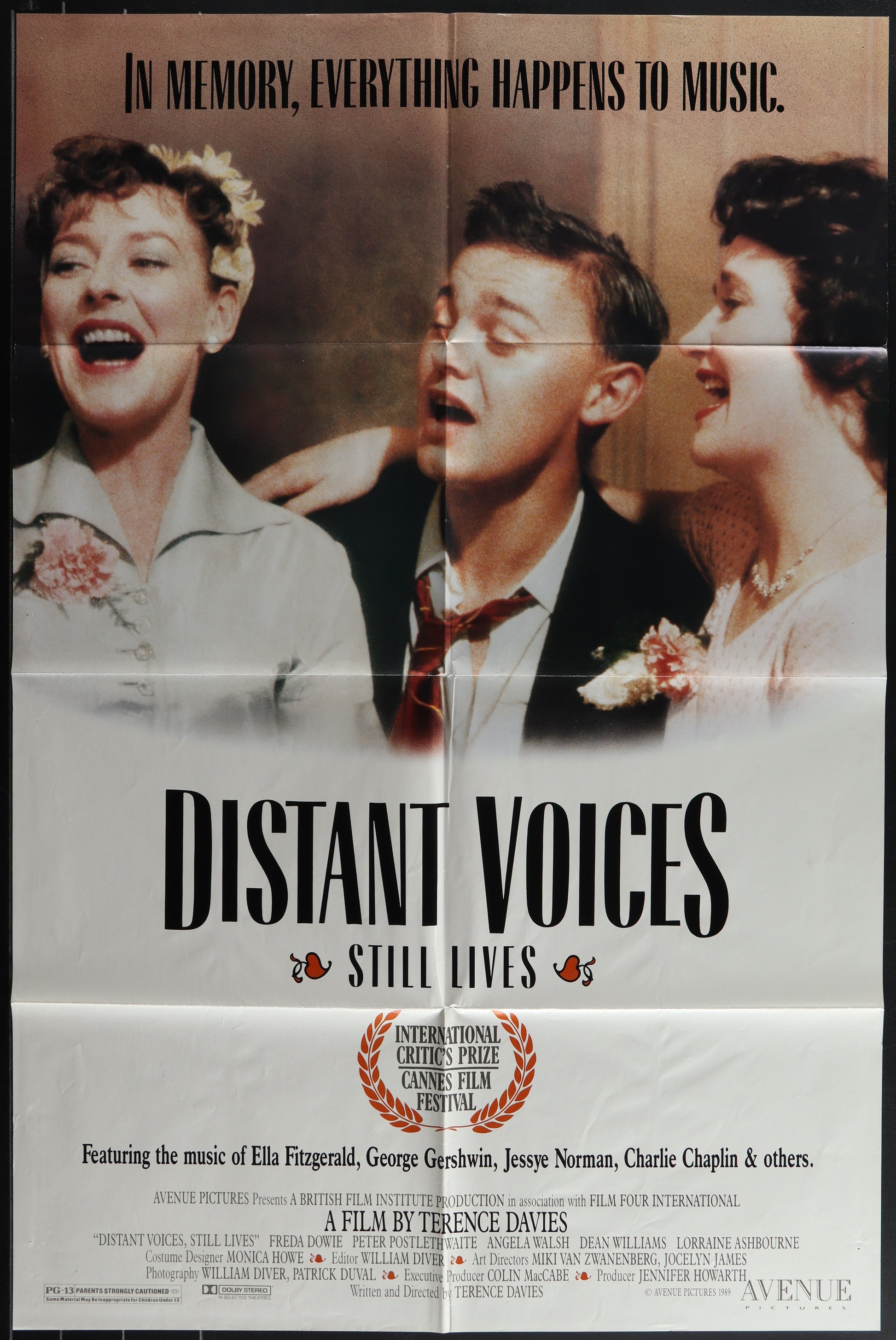 Original US one sheet movie poster for 'Distant Voices, Still Lives' featuring three characters singing and dancing in a theatrical setting.