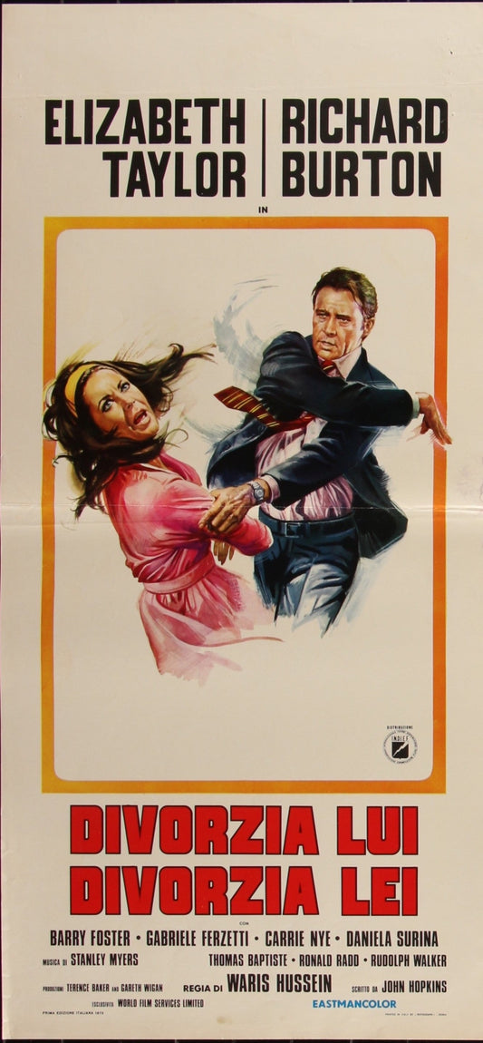 Original Italian movie poster for 'Divorce His - Divorce Hers' featuring Elizabeth Taylor and Richard Burton, with a vibrant color palette and graphic illustration.