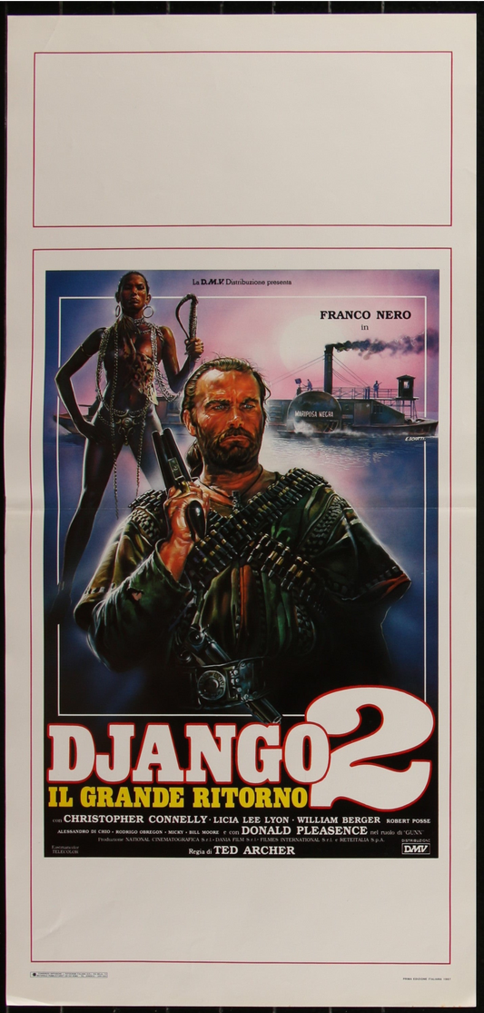 Original Italian movie poster for 'Django Strikes Again' featuring a man on a horse in the foreground with a dramatic background.