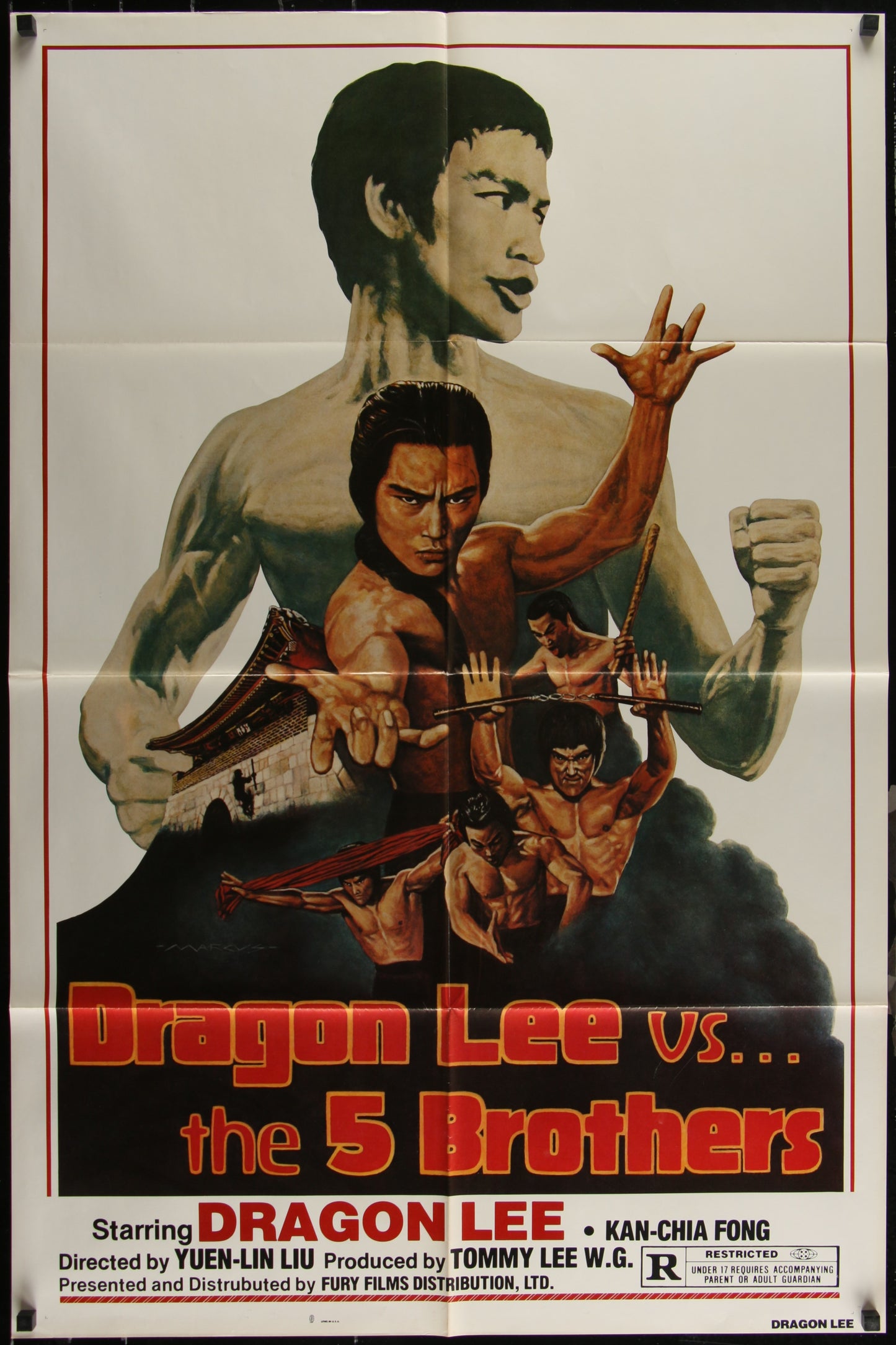 Vintage movie poster for 'Dragon Lee Vs. the 5 Brothers' featuring a black and white image of an action scene with multiple characters.