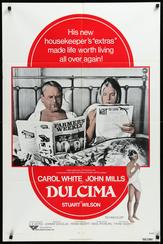 Vintage movie poster for 'Dulcima' featuring a man and a woman reading a newspaper, with text and credit details.