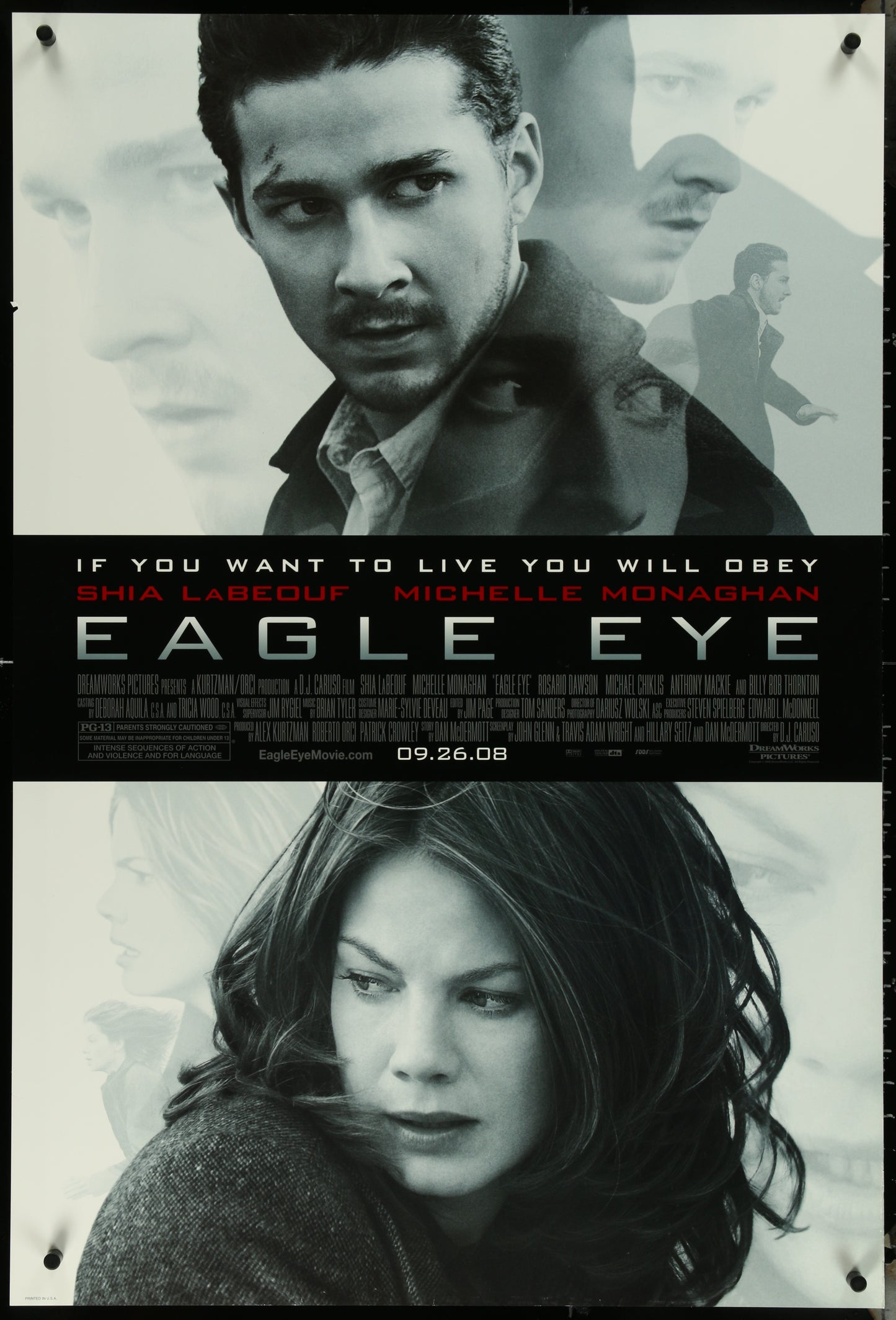 An Eagle Eye movie poster featuring images of Shia LaBeouf and Michelle Monaghan with a title and credits list.