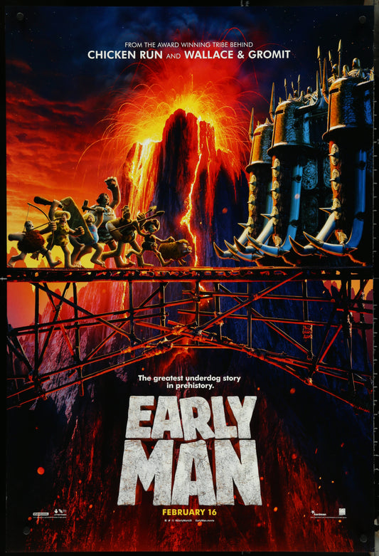 Movie poster for 'Early Man' with a bridge scene and fiery background.