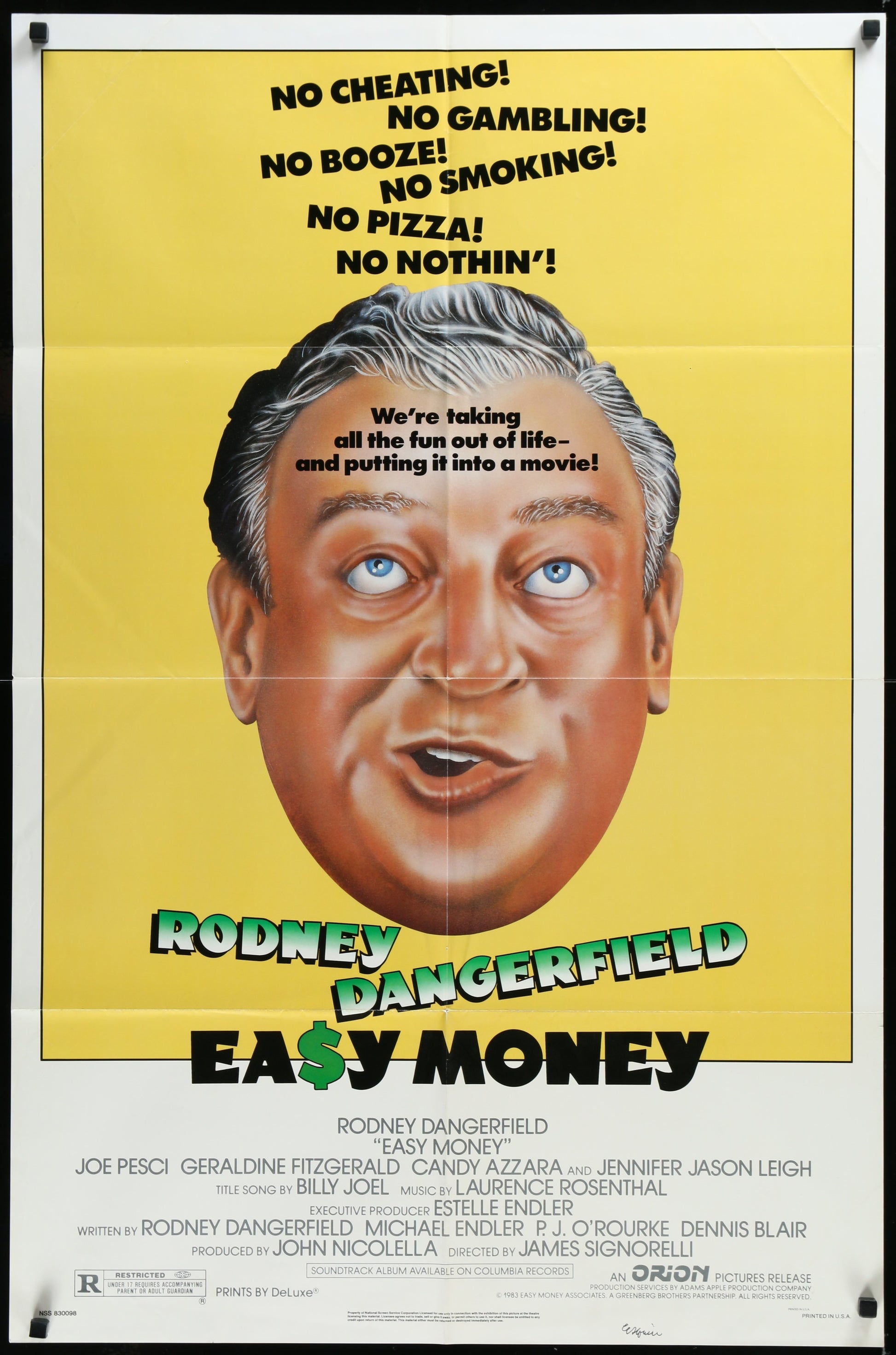Vintage movie poster featuring Rodney Dangerfield with a yellow background, indicating the title 'Easy Money'.