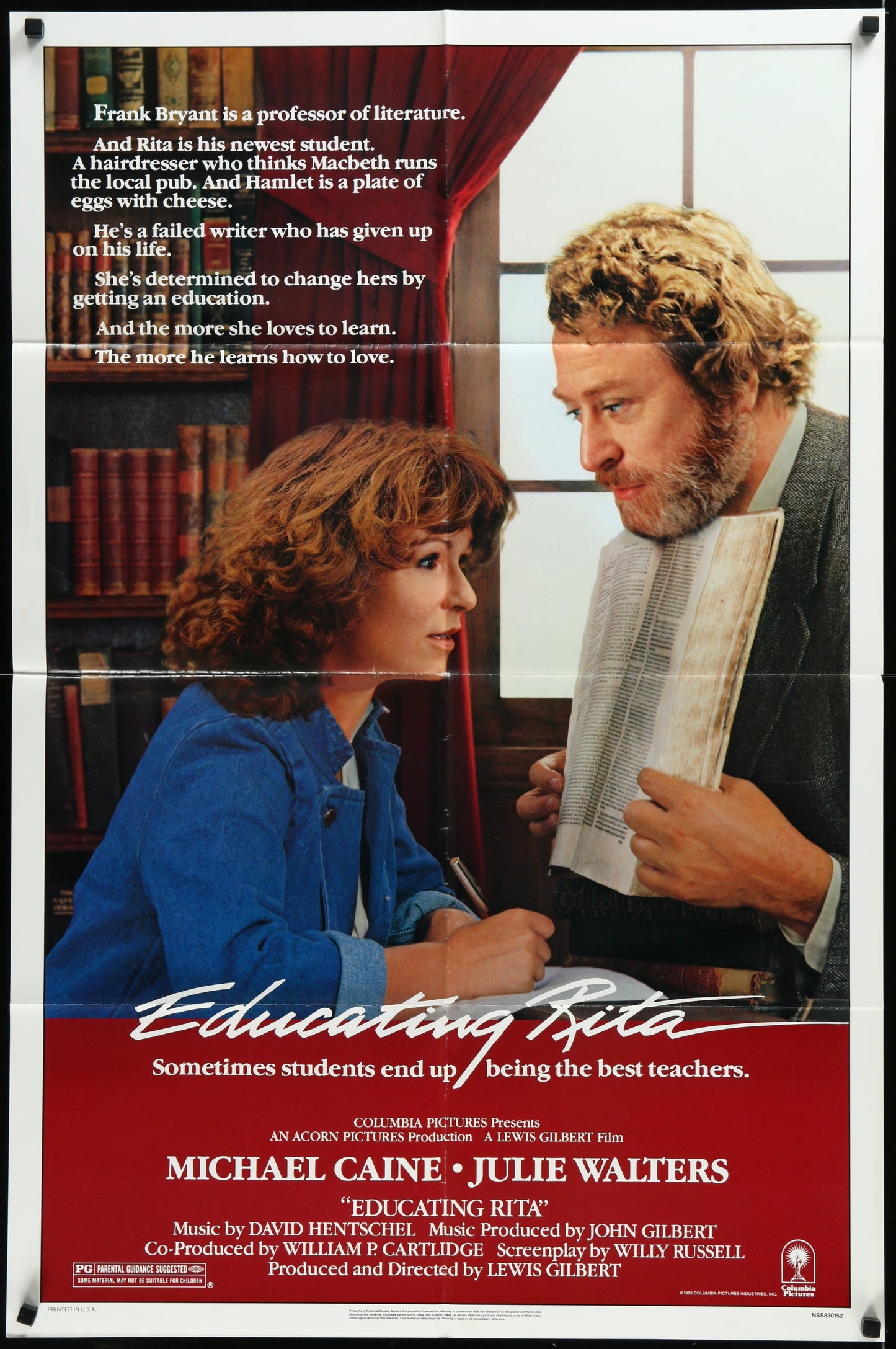 Original US one-sheet movie poster for 'Educating Rita' featuring images of the main characters, Michael Caine and Julie Walters, with a library backdrop.