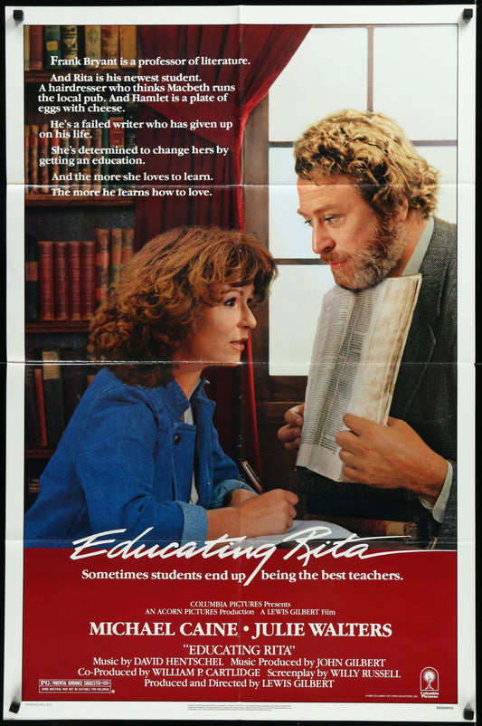 Original US one-sheet movie poster for 'Educating Rita' featuring images of the main characters, Michael Caine and Julie Walters, with a library backdrop.
