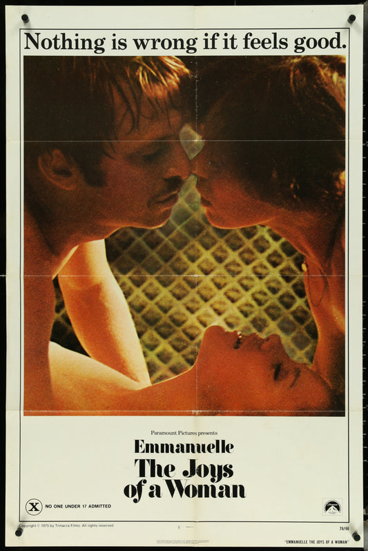 Original US one sheet movie poster for 'Emmanuelle - The Joys Of A Woman' featuring a close-up of two people kissing with the movie title and text at the top.