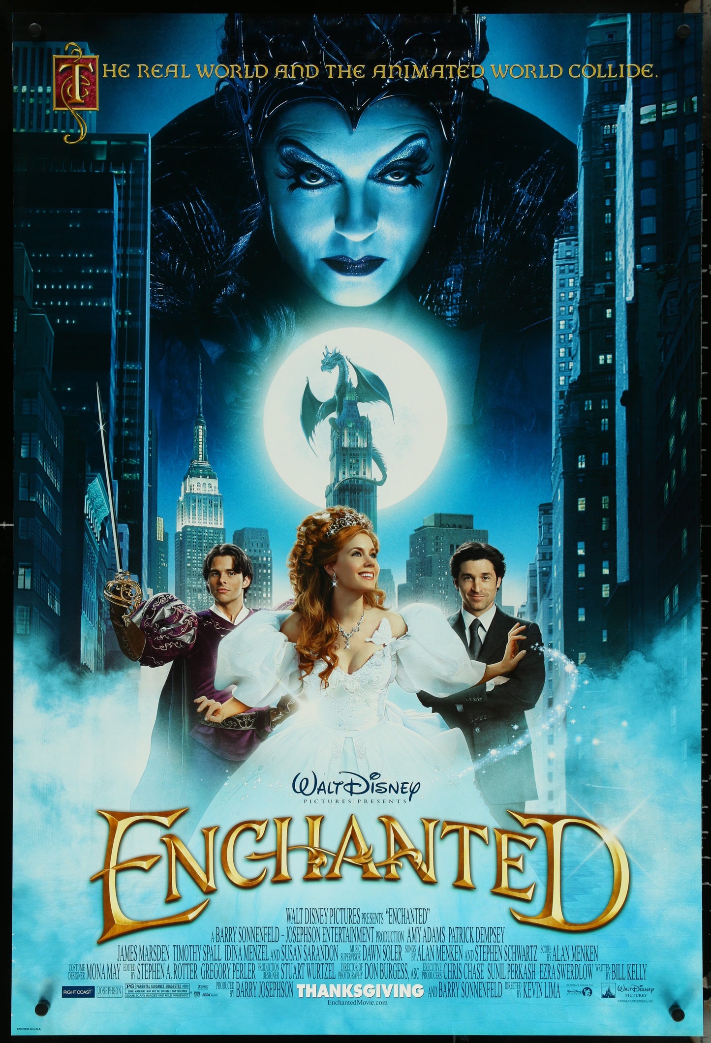 A movie poster for 'Enchanted' featuring characters with a fantasy theme, prominently displaying the title and 'Walt Disney' logo.