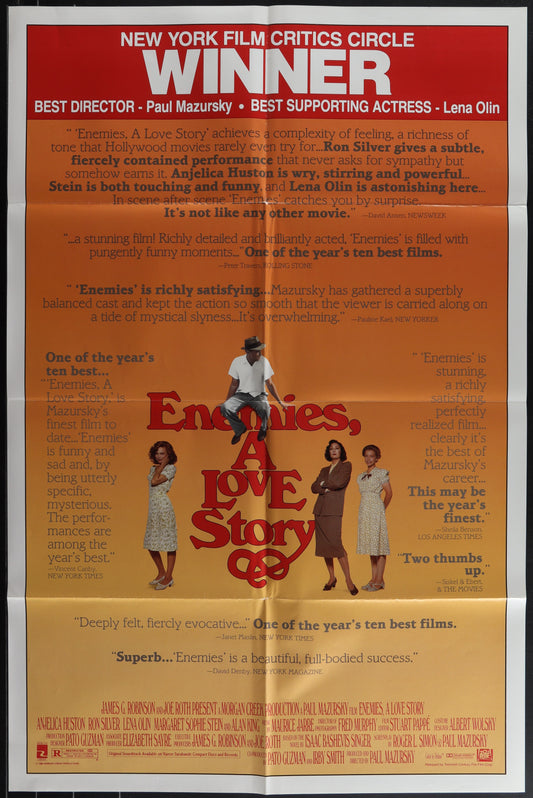 Vintage movie poster for 'Enemies A Love Story' featuring three characters prominently with a male figure in the foreground, a woman in the middle, and a third figure partially visible. The background is yellow with black text.