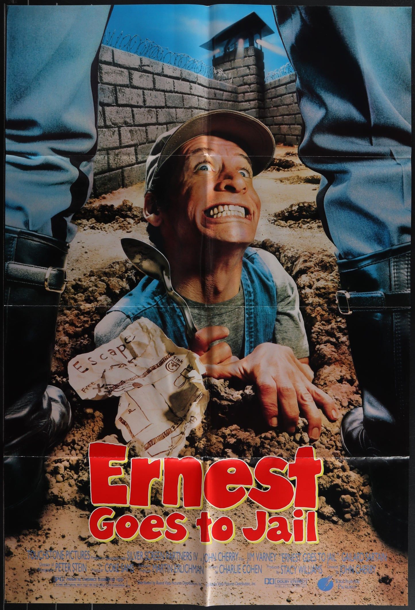 Vintage style movie poster for 'Ernest Goes To Jail' featuring a man in a cap and sunglasses with a comical expression, in a distressed print style typical of classic film posters.