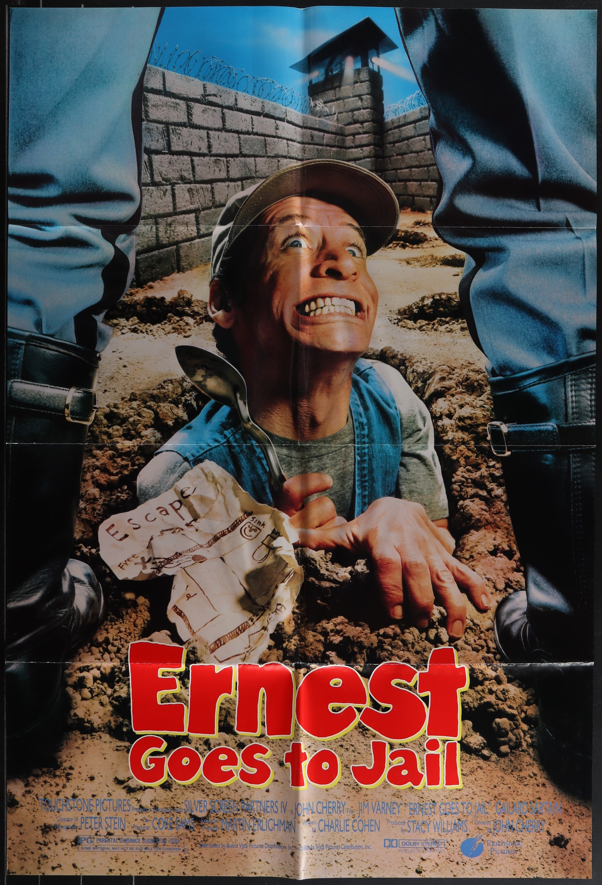 Vintage style movie poster for 'Ernest Goes To Jail' featuring a man in a cap and sunglasses with a comical expression, in a distressed print style typical of classic film posters.
