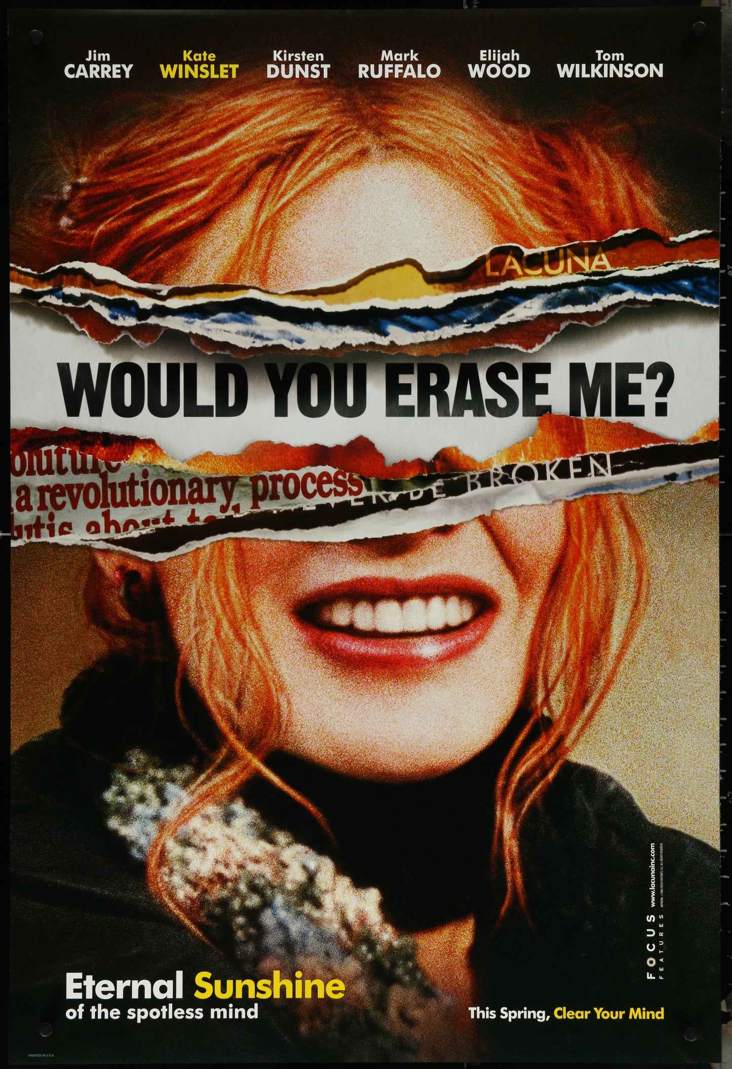 Original US one-sheet movie poster for 'Eternal Sunshine Of The Spotless Mind' featuring a collage of images with the main character's face and text.