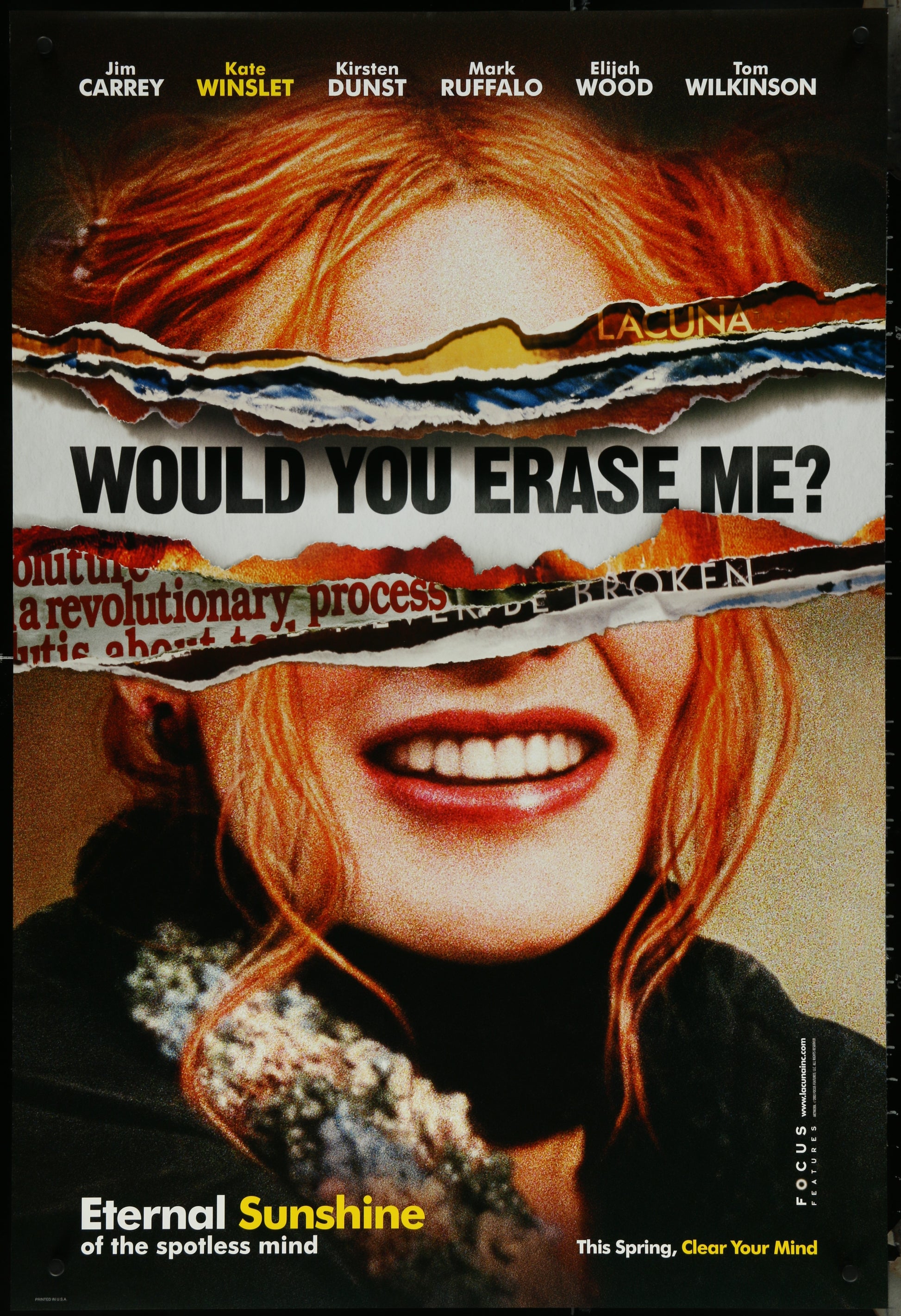 Original US one-sheet movie poster for 'Eternal Sunshine Of The Spotless Mind' featuring a collage of images with the main character's face and text.
