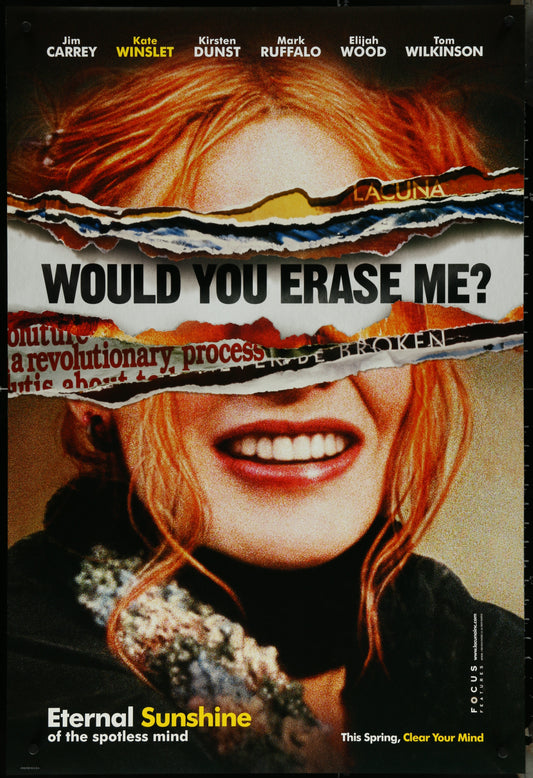 Original US one-sheet movie poster for 'Eternal Sunshine Of The Spotless Mind' featuring a collage of images with the main character's face and text.