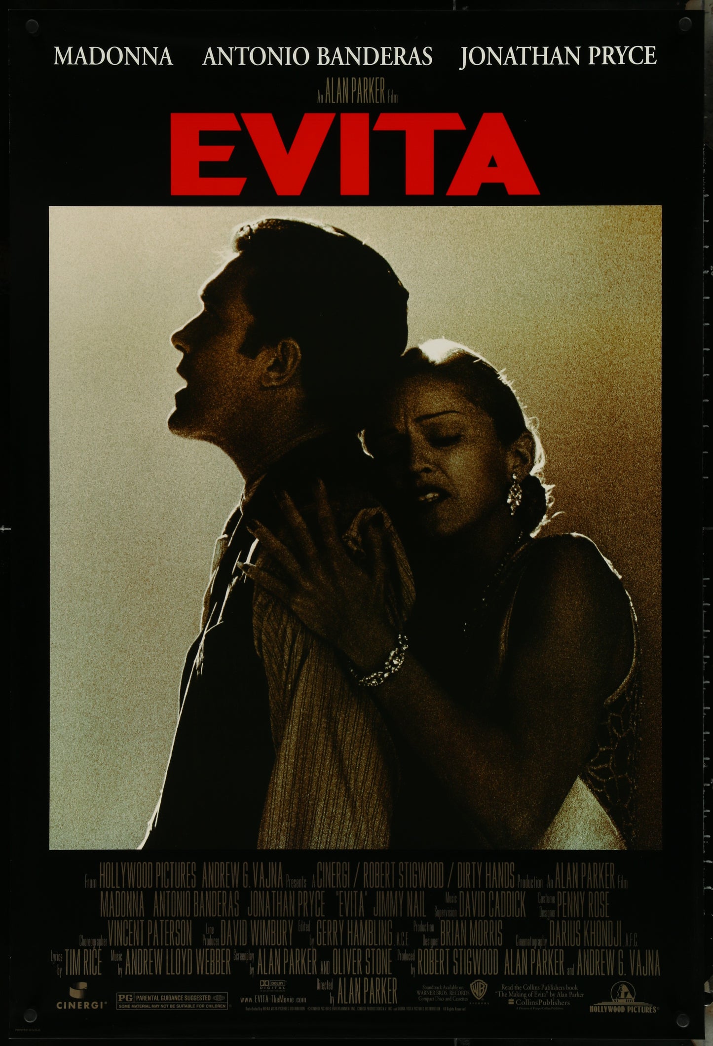Movie poster for 'Evita' featuring a silhouette of a man and woman embracing.