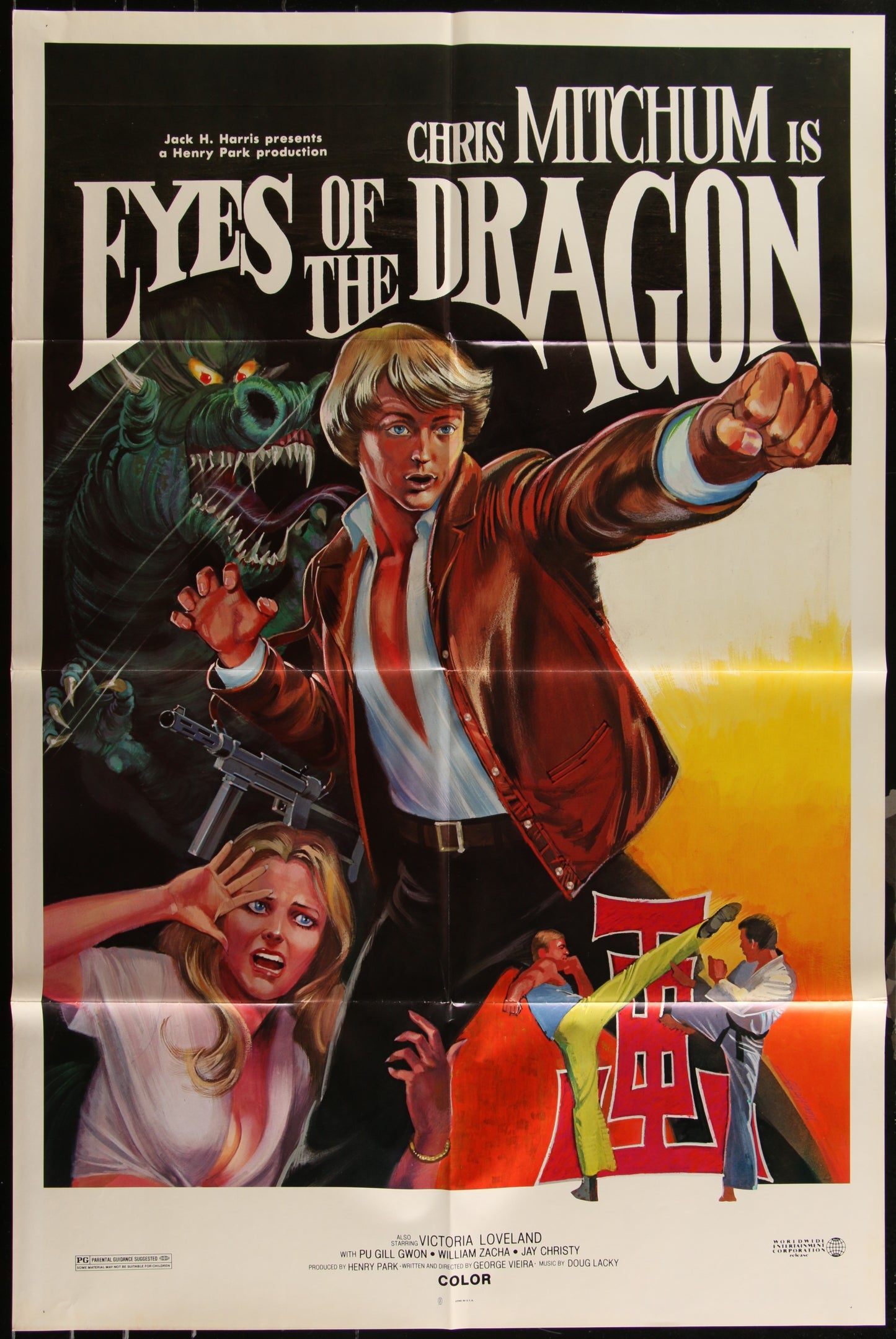 Vintage style movie poster for 'Eyes Of The Dragon' featuring a man in a brown suit striking a martial arts pose with a background of a fantasy-style dragon.