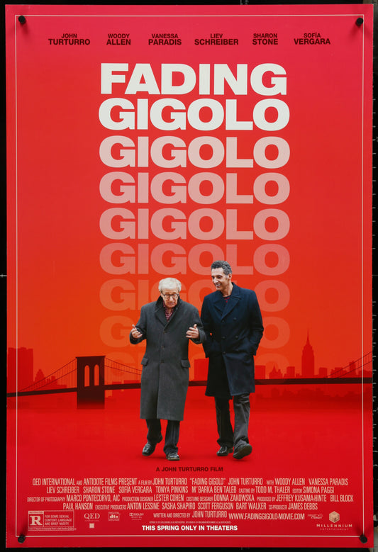 Movie poster for 'Fading Gigolo' with two men on a red background