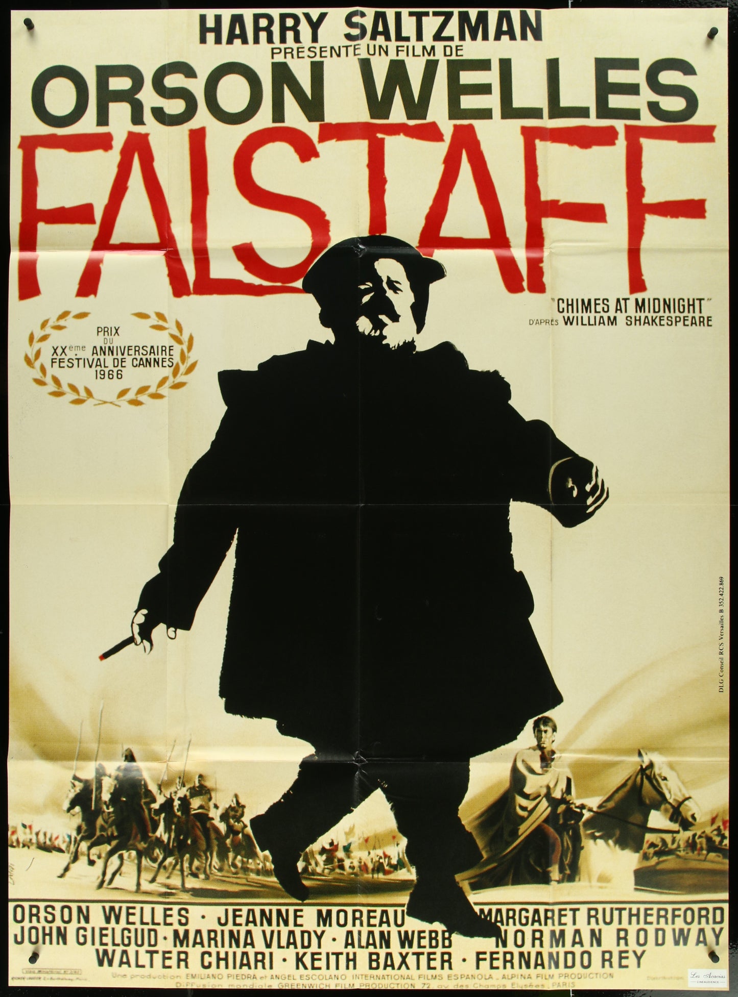 Original French one-panel movie poster for 'Falstaff' featuring a black and white image of Orson Welles in the title role with the text and credits below.