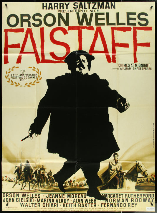 Original French one-panel movie poster for 'Falstaff' featuring a black and white image of Orson Welles in the title role with the text and credits below.