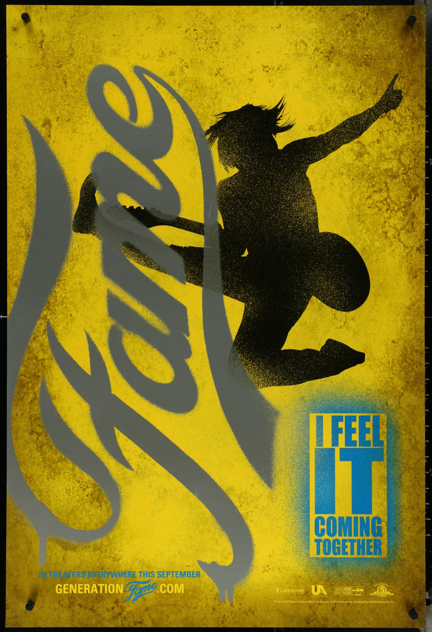 Yellow one-sheet movie poster for 'Fame (2009)' featuring a silhouette of a person dancing with the text 'Feel It Coming' and the website 'generation.org' at the bottom.