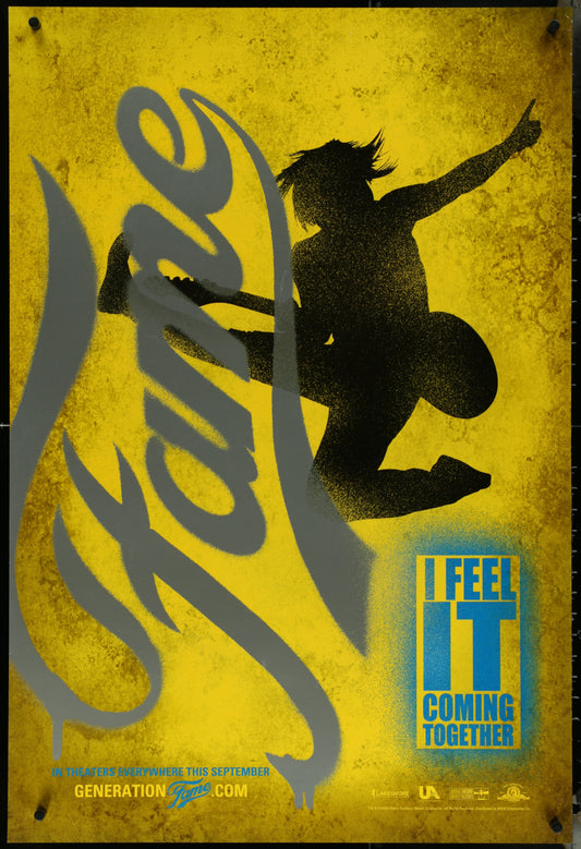 Yellow one-sheet movie poster for 'Fame (2009)' featuring a silhouette of a person dancing with the text 'Feel It Coming' and the website 'generation.org' at the bottom.