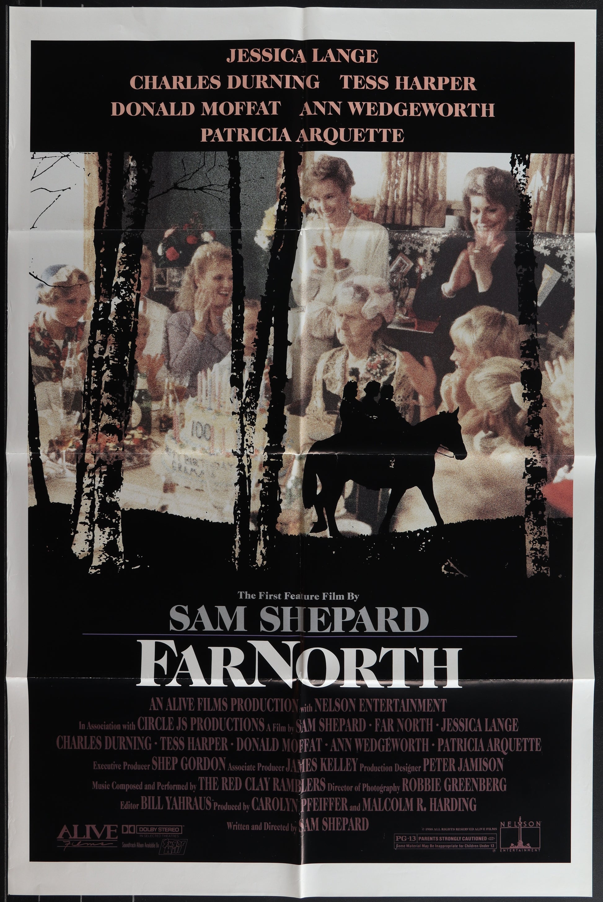 Vintage style movie poster for 'Far North' featuring a black and white image of the main characters with a forest backdrop.