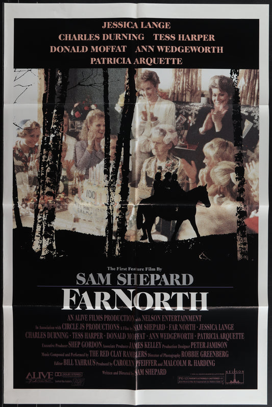 Vintage style movie poster for 'Far North' featuring a black and white image of the main characters with a forest backdrop.