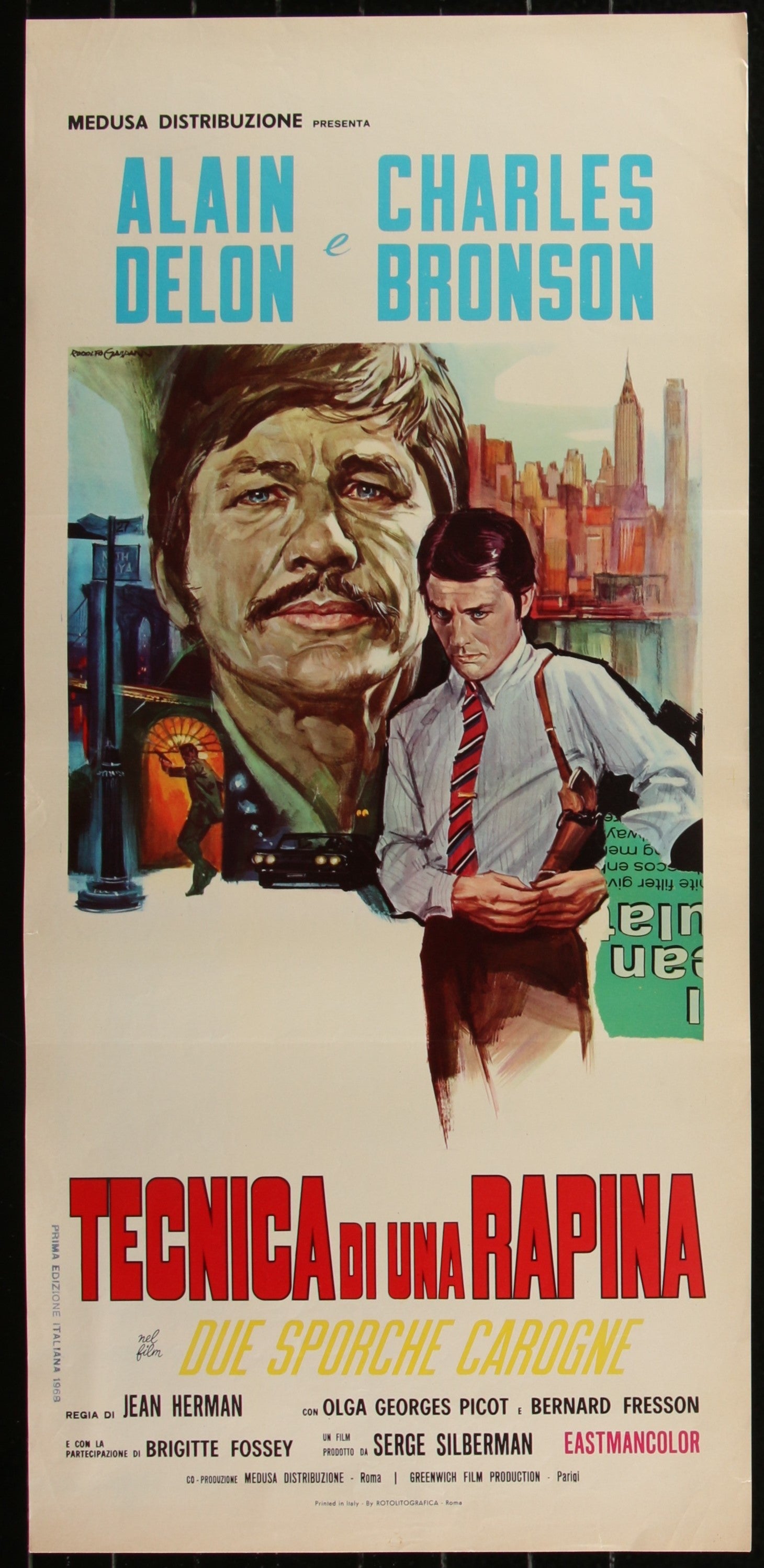 Vintage movie poster with two men and a cityscape, featuring Alain Delon and Charles Bronson.