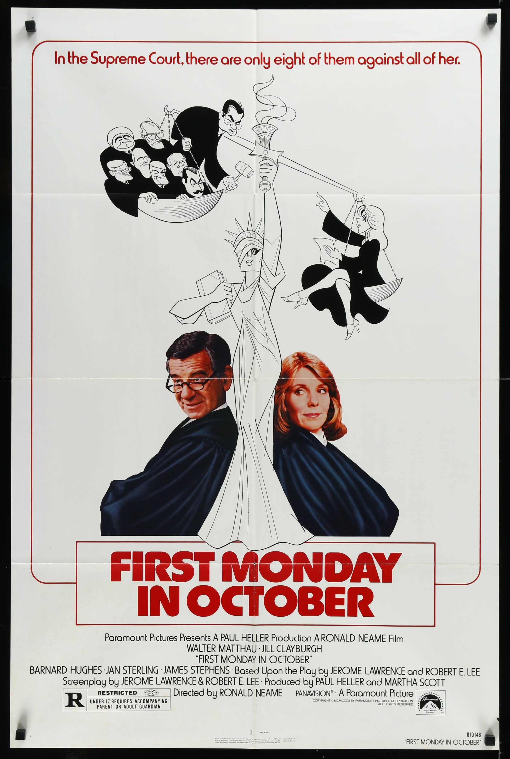 Original US one-sheet movie poster for 'First Monday In October' featuring illustrations of the main characters in a courtroom setting.