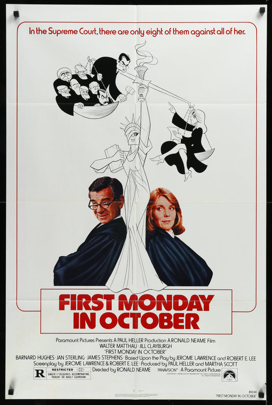 Original US one-sheet movie poster for 'First Monday In October' featuring illustrations of the main characters in a courtroom setting.
