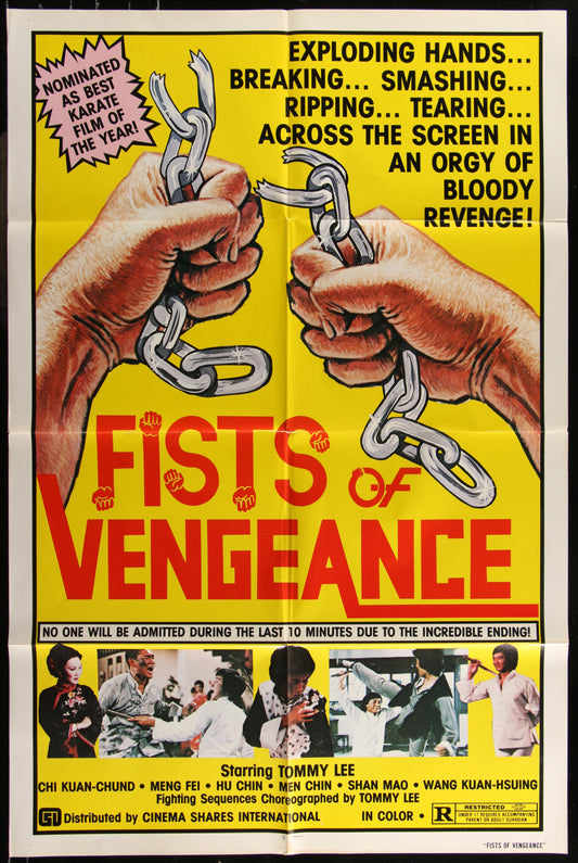 Vintage movie poster for 'Fists of Vengeance' featuring artwork with two characters in a martial arts pose, title text, and film credits.