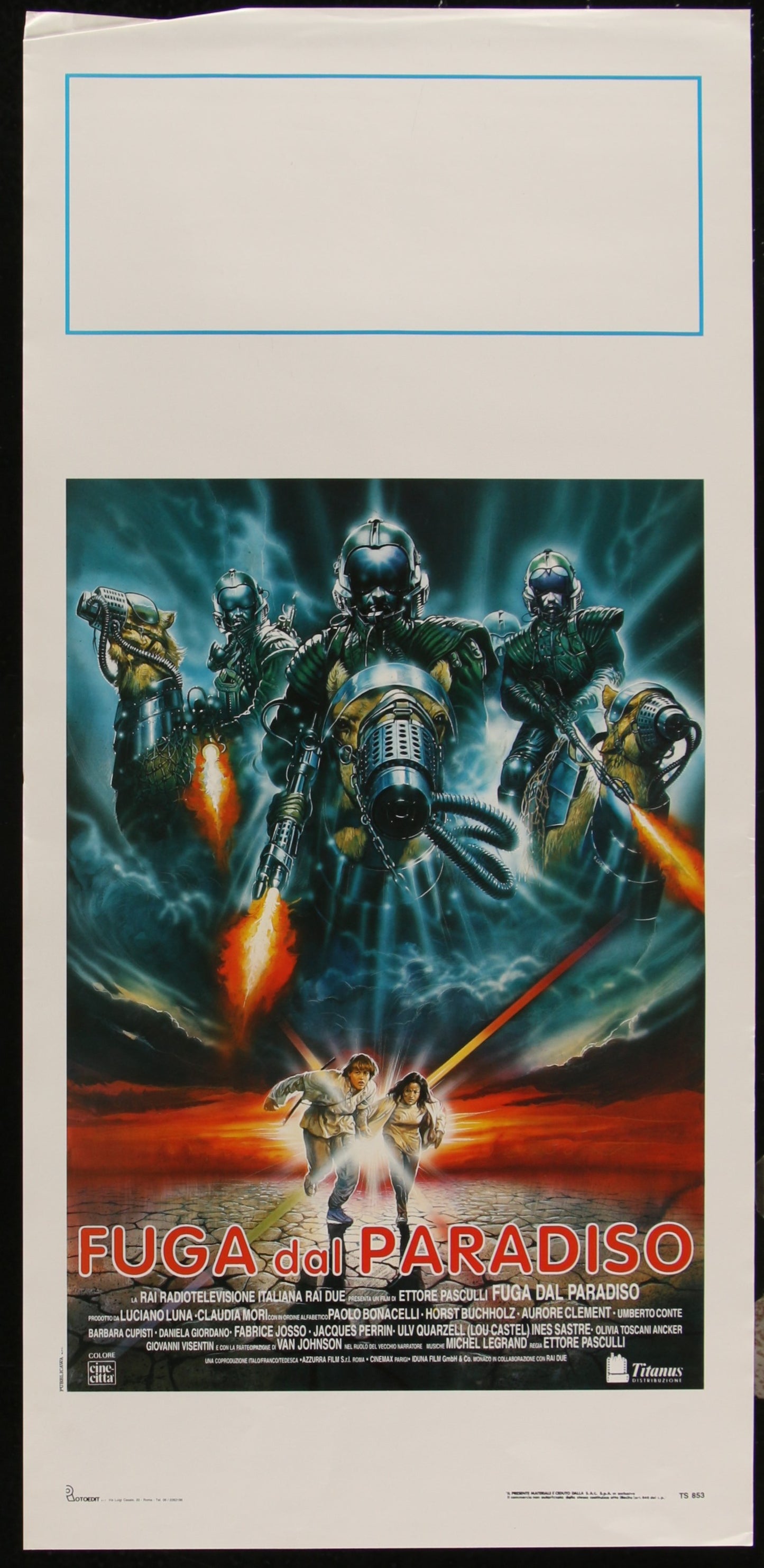 Original Italian movie poster for 'Flight From Paradise' featuring characters in a science fiction setting with a red and black color scheme.