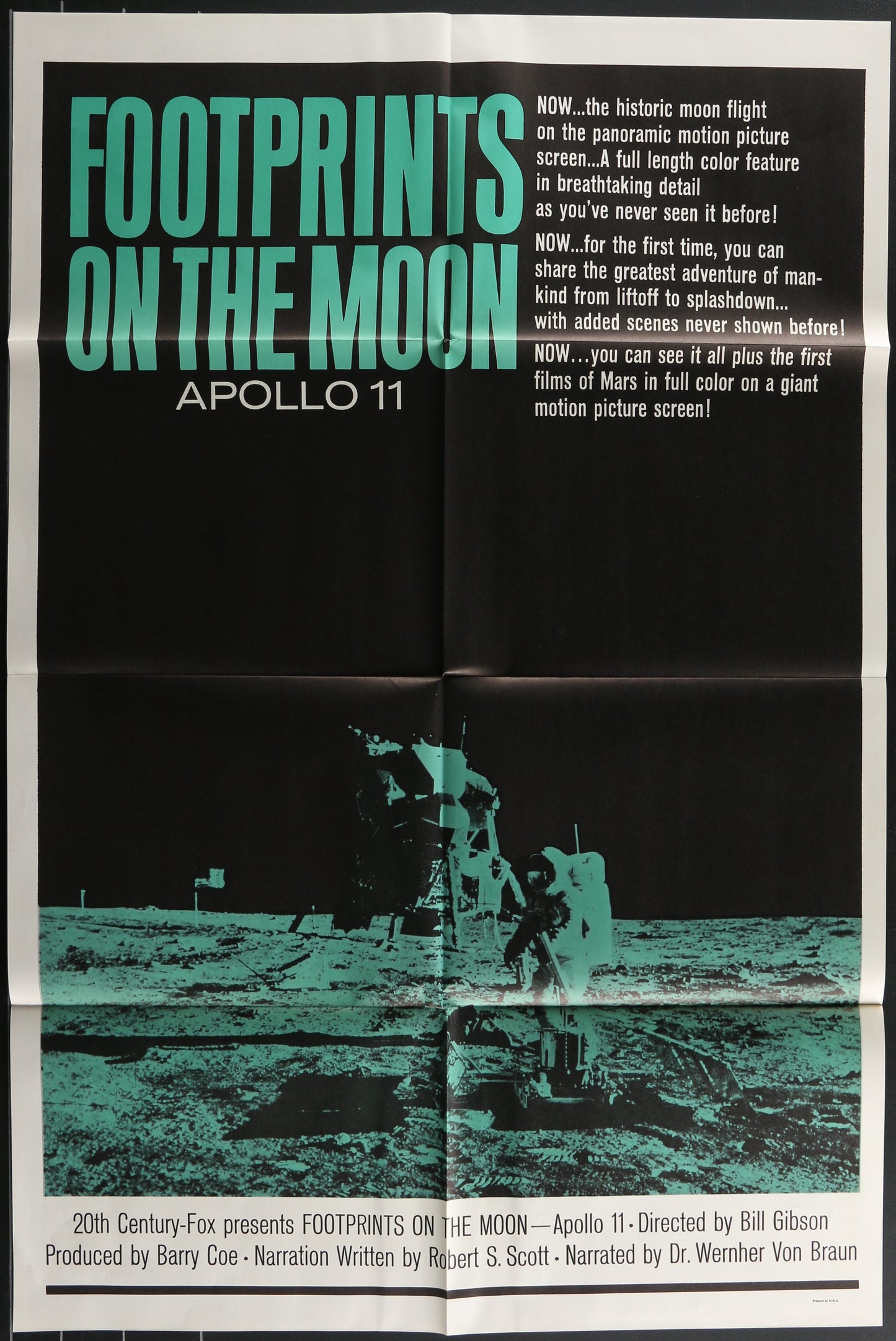 Vintage one-sheet movie poster for 'Footprints On The Moon - Apollo 11' featuring space-themed graphics.